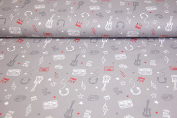 Stoffpaket French Terry + Bündchen Rock and Roll, hellgrau, rot